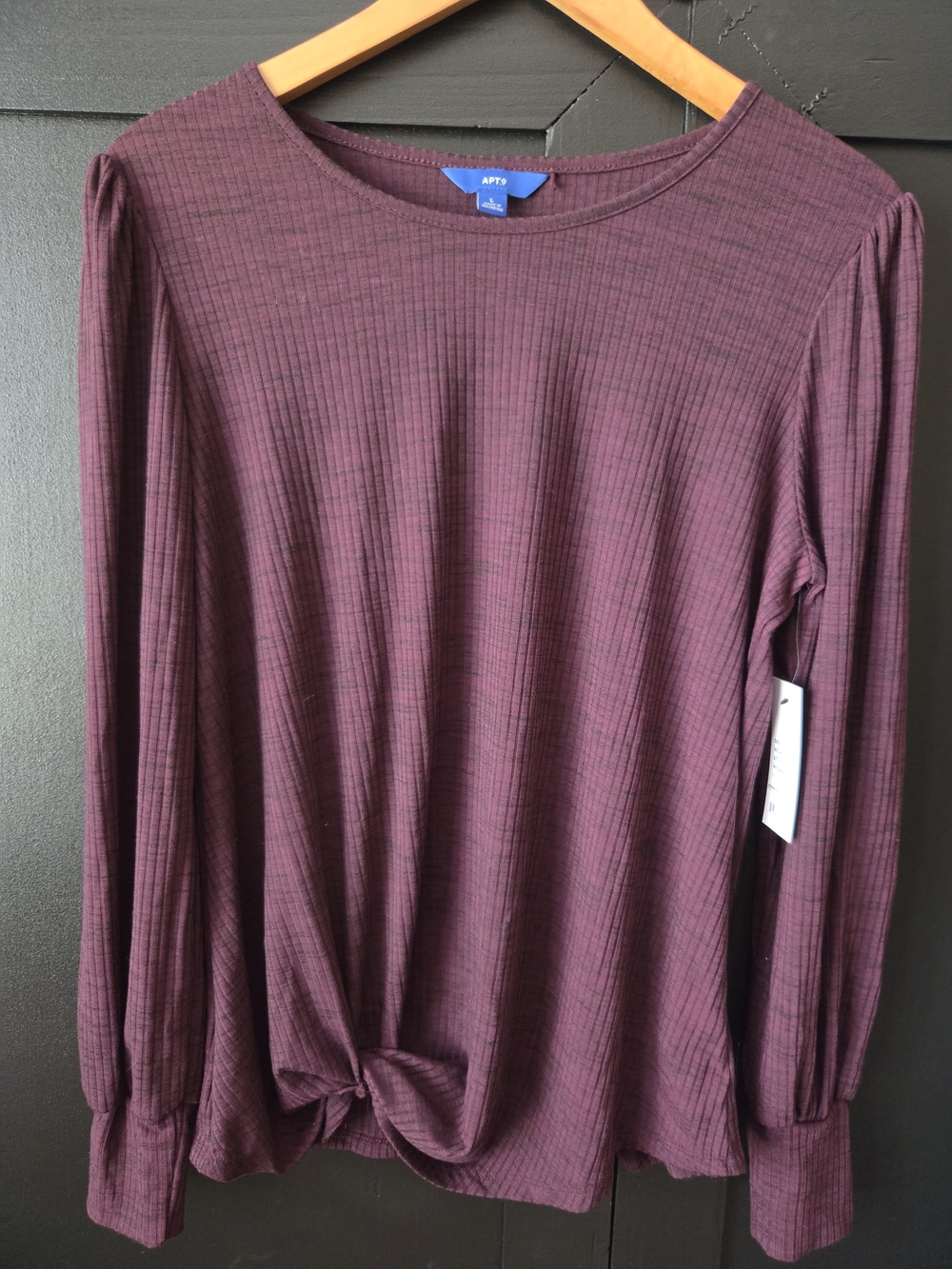 Apt. 9 Women's Ribbed Long-Sleeve Twist-Hem Top in Wine ~ Size L